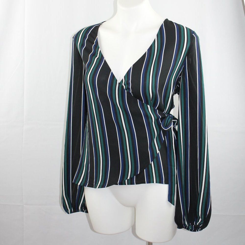 Express Wrap Blouse Stripe V-Neck Long Sleeve NEW